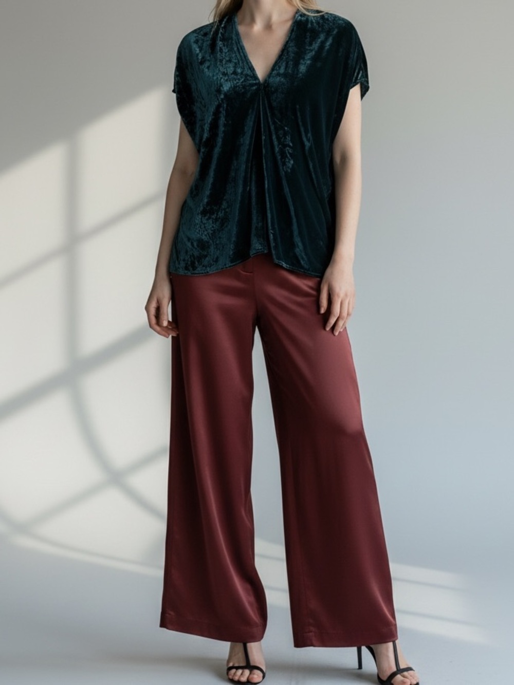 Velvet V-Neck Draped Women's Top - Teal